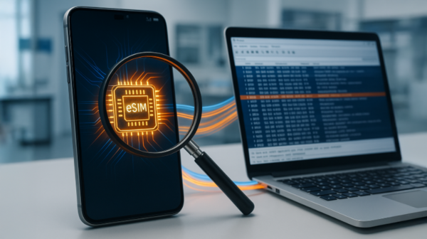 eSIM Tracer now supports MEP and Samsung Exynos Chipsets A photorealistic image of a modern smartphone with a glowing eSIM chip icon under a magnifying glass, connected to a laptop showing protocol analysis of eSIM-device communication
