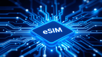 Image of a blue eSIM card in the middle of the picture on a dark background