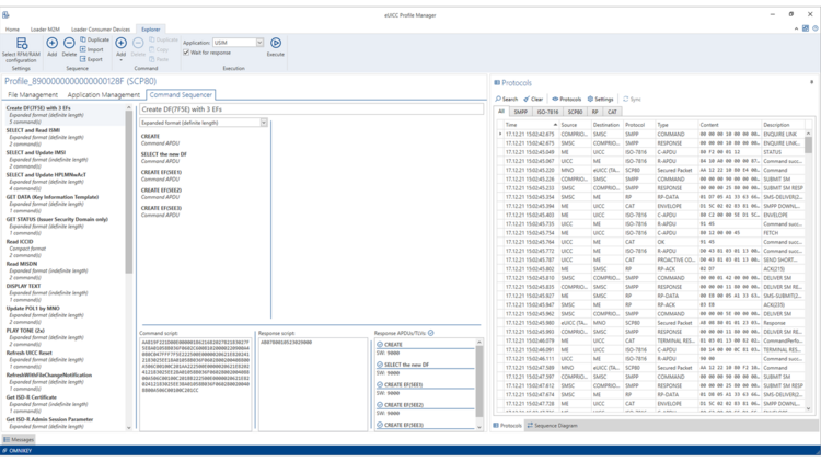 eUICC Profile Manager Command Sequencer Screenshot of the eUICC Profile Manager Command Sequencer feature, that allows users to create own command sequences and use predefined templates