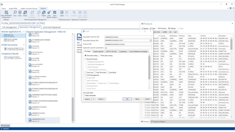 eUICC Profile Manager remote application management Screenshot of the Explorer feature of the eUICC Profile Manager, that allows over-the-air application management operations